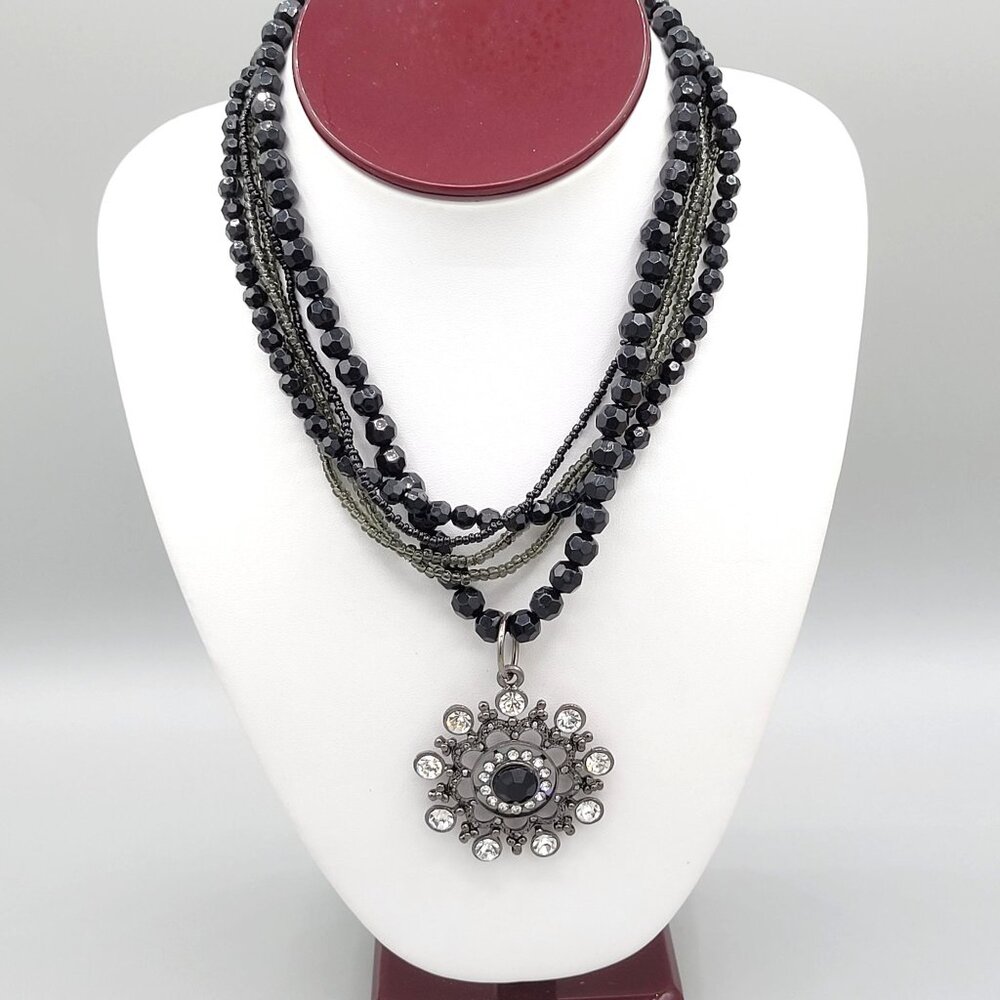 Black & Gray Multi-Strand Beaded Necklace With Crystal Flower Pendant